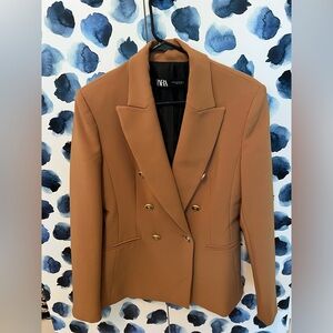 Zara camel double breasted gold button blazer